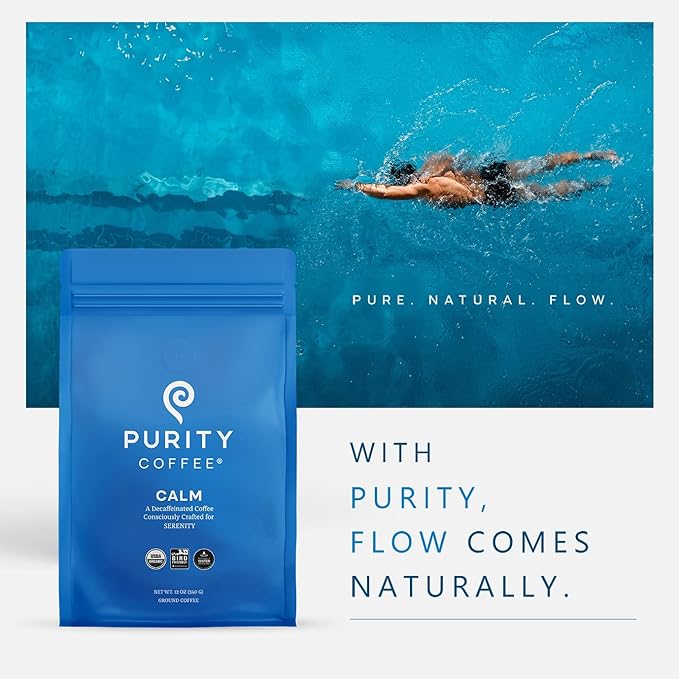 Purity Coffee CALM Decaf Medium Roast Ground (12oz Bag) | Specialty-Grade USDA Organic Mountain Water Process Decaffeinated Blend | Third Party Tested for Mold Mycotoxins &amp Pesticides