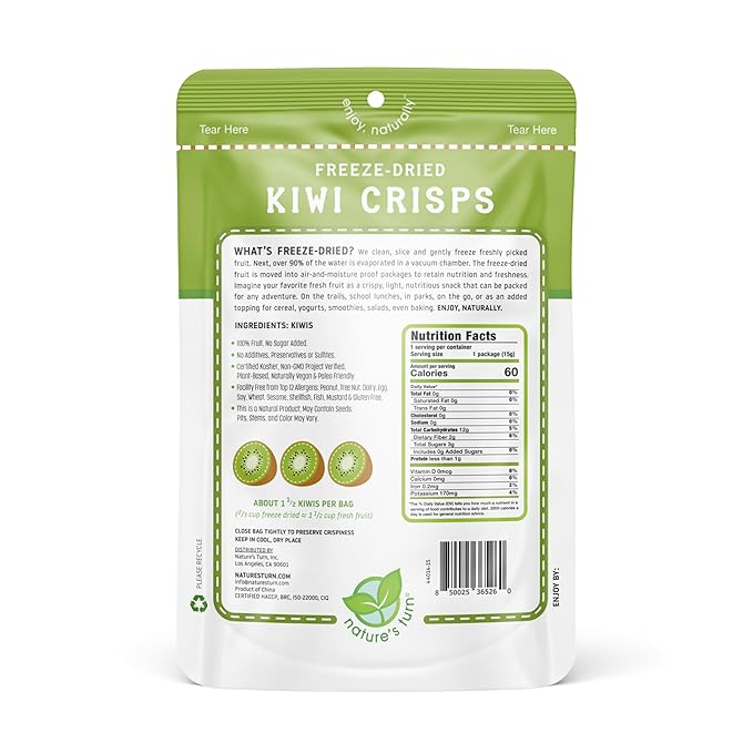 Nature’s Turn Freeze-Dried Fruit Crisps – Healthy Gluten-Free Crispy &amp Delicious Plant-Based Snack Ideal for Cereal Smoothies School Lunches &amp On-the-Go Sour Kiwi Bags of 12 (0.53 oz