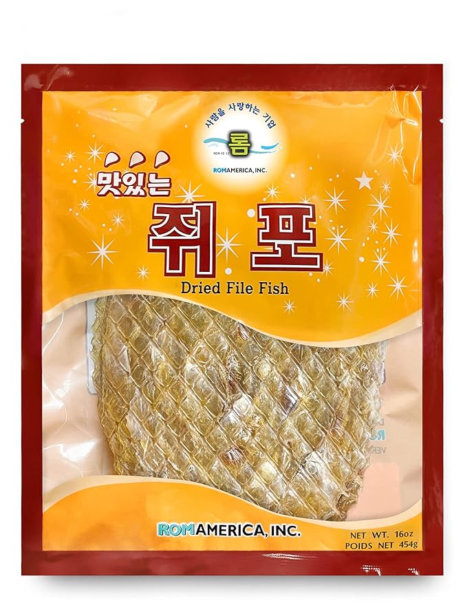 ROM AMERICA Dried Filefish Fillet Jerky - Traditional Korean Roasted File Fish Seafood Snack Jwipo 쥐포 - 16oz (Pack of 1)