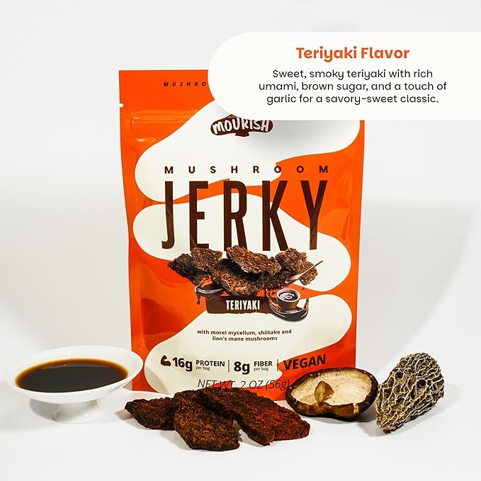 Mourish Vegan Mushroom Jerky Teriyaki Flavor 3 Pack (2 oz) Good Source of Protein and Fiber Plant Based Meat Meatless Healthy Snacks for Hiking Camping Work Travel &amp School