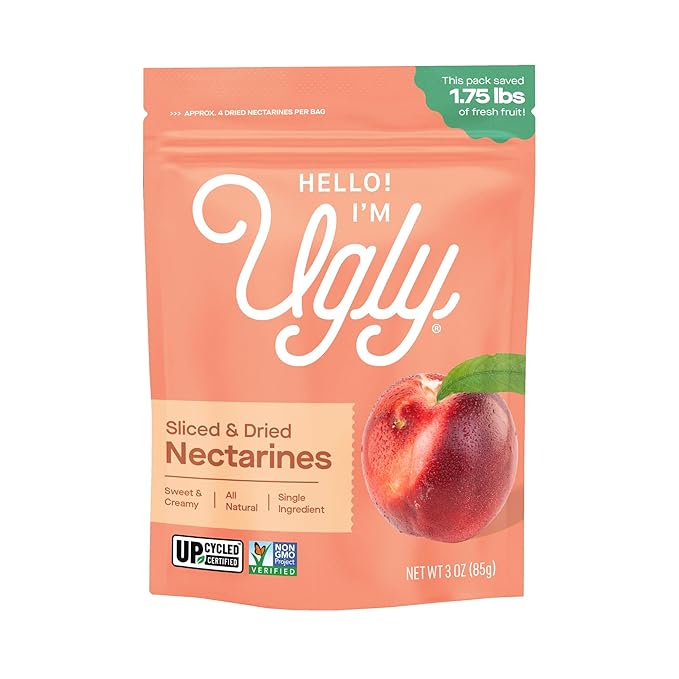 Hello! I’m Ugly Dried and Sliced Nectarines No Sugar Added Naturally Sweet Dried Fruit Snacks Healthy Sweet Snacks Upcycled California Produce 3 oz Pack of 3