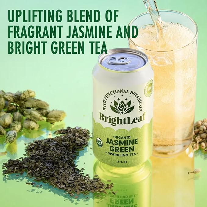 BrightLeaf Jasmine Green Sparkling Tea with Functional Benefits For Focus – Regenerative Organic Lightly Caffeinated Zero Sugar Zero Calories Zero Sweeteners – 12oz Cans 12-Pack – Craft-Brewed wi