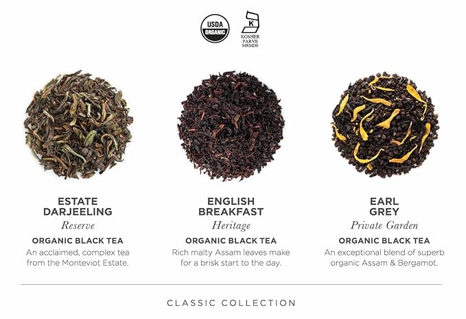 Teabloom Classic Black Teas – Organic Assortment with 12 Plant-Based Pyramid Sachets Earl Grey Darjeeling &amp English Breakfast Elegant Presentation Box for Tea Enthusiasts
