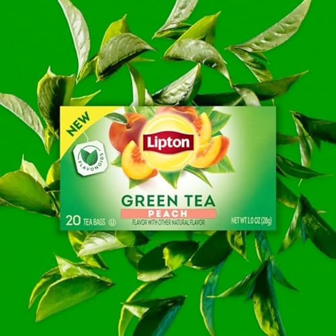 Lipton Peach Green Tea Bags Flavored Unsweetened Teabags for Hot Tea or Peach Iced Tea with Caffeine and Flavonoids 120 Total Tea Bags (20ct - Pack of 6)