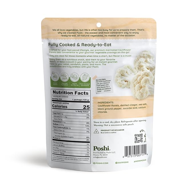 POSHI Marinated Cauliflower Florets with Salt + Black Pepper Natural Keto Vegan Non GMO Low Carb + Calorie Gluten Free Ready to Eat Fully Cooked Vegetables Pentry Food Gourmet 6 Pack 4.4 oz