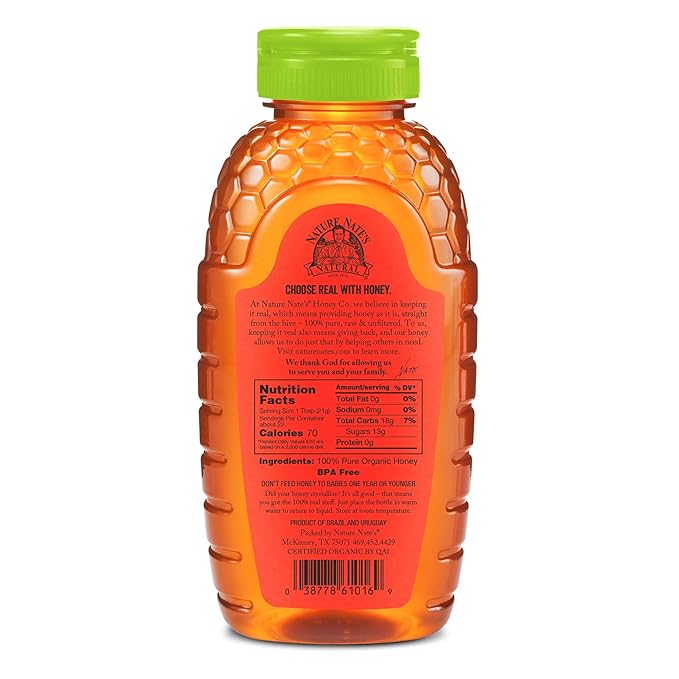 Nature Nate’s 100% Pure Raw &amp Unfiltered Organic Honey 16-oz Squeeze Bottle - 12 Pack Made by Brazilian Bees Enjoy Honey’s Balanced Flavor and Wholesome Benefits