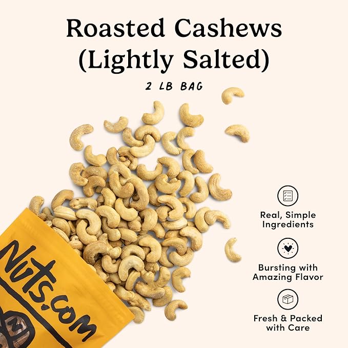 Nuts.com – Roasted Cashews (Lightly Salted) — Creamy &amp Savory Flavor Healthy Snack for Adults &amp Kids Good Source of Protein Fiber Calcium Iron &amp Healthy Fats – Vegan &amp Gluten-Free