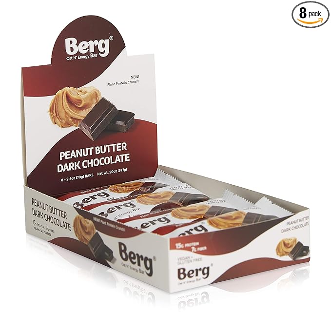 Berg Oat N' Energy Bar | Peanut Butter &amp Dark Chocolate | Plant Based Protein Bar | Non-GMO Gluten Free Nut Free and Vegan | Low Sugar Healthy Snack Bar | High Fiber | On The Go | 2.5oz (8 Pack