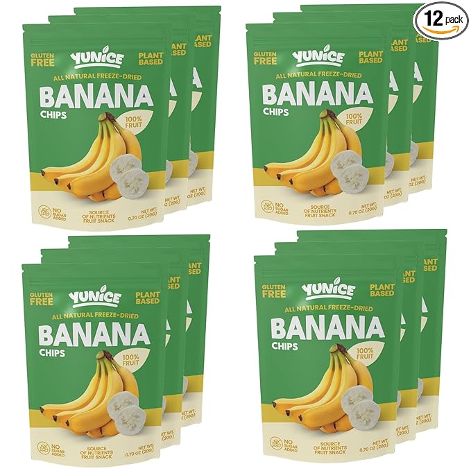 YUNiCE Freeze-Dried banana chips 100% Real Fruit Single Ingredient Snack Naturally Sweet &amp Crunchy No Sugar Added Gluten Free Plant-Based On-The-Go Packs BANANA 0.70 Ounce (Pack of 12)