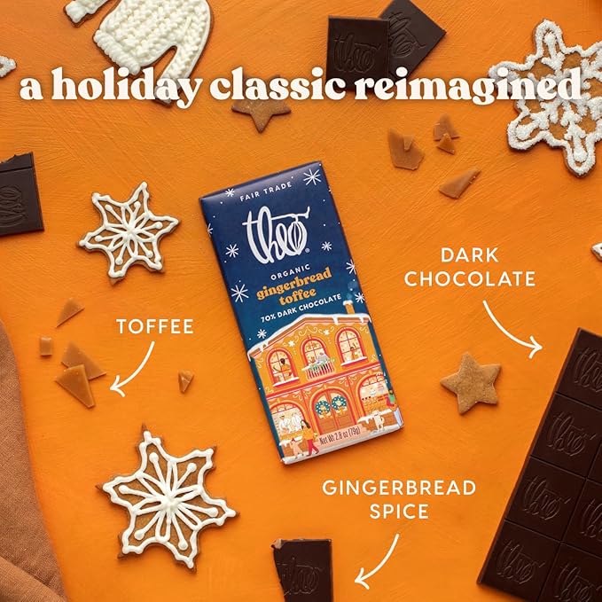 Theo Chocolate Holiday Gingerbread Toffee Organic Dark Chocolate Bar 70% Cacao 6 Pack | Fair Trade