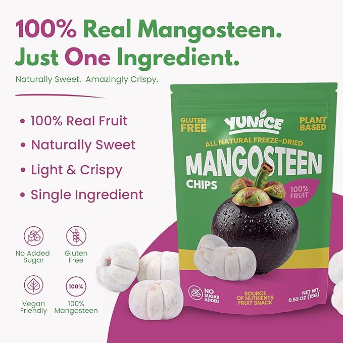 YUNiCE mangosteen Chips freeze dried mangosteen Fruit Snack 100% Real Fruit No Sugar Added Vegan Plant-Based Gluten Free Crispy Snack 0.53 oz Single Serve Pouches MANGOSTEEN (Pack of 12)