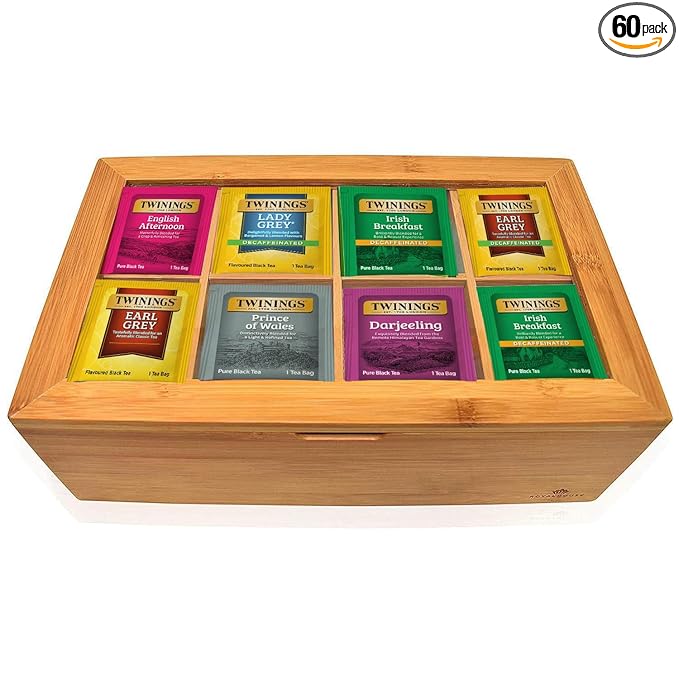 Twinings Tea Bag Sampler Variety with Bamboo Organizer (60 Tea Bags) 40 Different Flavours Gift for Tea Lovers: Women Men Mom Dad Family Friends Couples