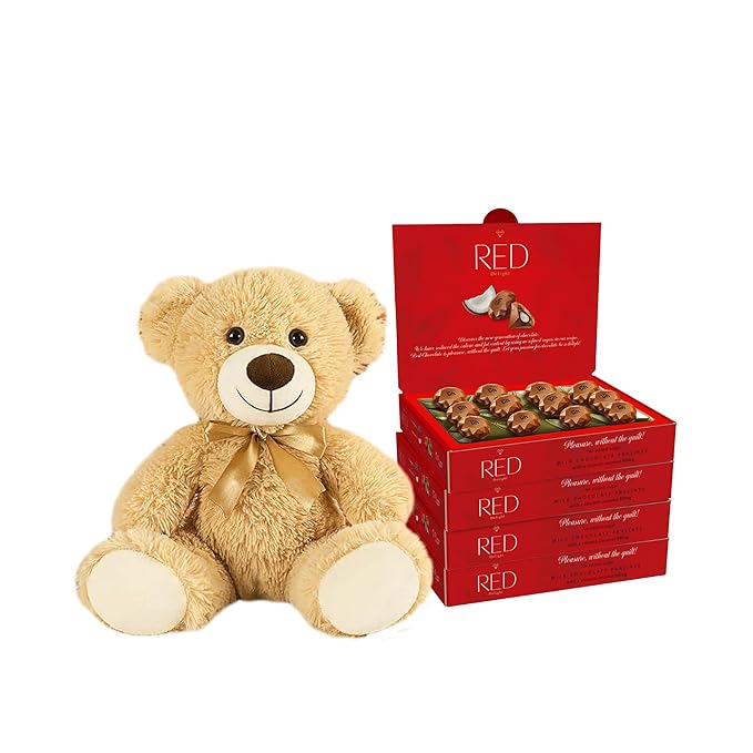 RED Delight®™ Milk Chocolate Diamond Truffles - with Coconut Filling (4 Boxes (4.66 OZ EACH) + 14 Plush Teddy Bear)