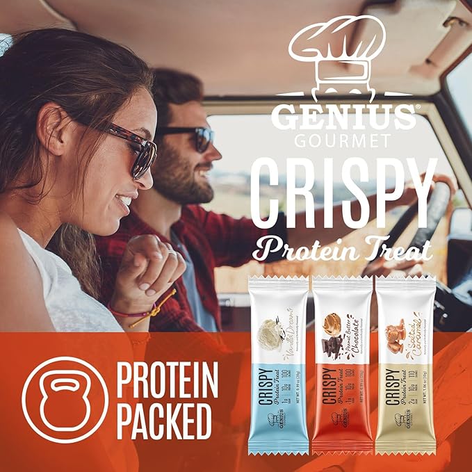 Genius Gourmet Crispy Protein Treat Chocolate Peanut Butter Keto Snack Low Carb Low Sugar &amp Gluten Free Protein Snacks for Adults 10G of Whey Protein per Protein Bar 5 Net Carbs 10 CT