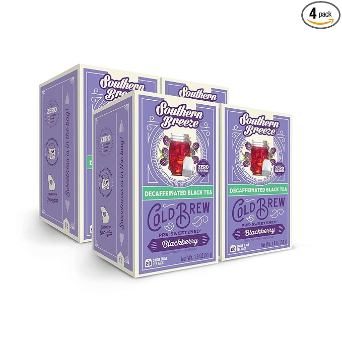Southern Breeze Decaf Cold Brew Sweet Tea Blackberry Iced Tea with Black Tea and Zero Carbs Zero Sugar 20 Individually Wrapped Tea Bags Pack of 4