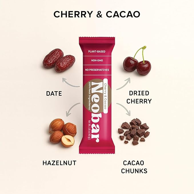 NEOBAR Fruit and Nut Bars - Plant-Based Vegan Snack Bars Gluten Free Dairy Free Snacks No Added Sugar No Preservatives Non-GMO | Cherry &amp Cacao12 Count