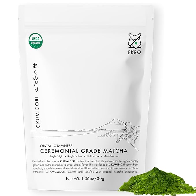 FKRO Organic Ceremonial Grade Matcha Green Tea Powder | 1st Harvest Single Origin Single Okumidori Cultivar | Sugar-free | Flown in Fresh from Japan Every Month (30g/1.06oz) Pouch