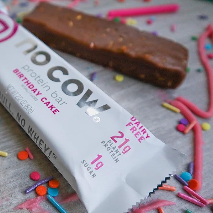No Cow High Protein Bars Birthday Cake 21g Plant Based Vegan Protein Keto Friendly Low Sugar Low Carb Low Calorie Gluten Free Naturally Sweetened Dairy Free Non GMO Kosher 4 Pack