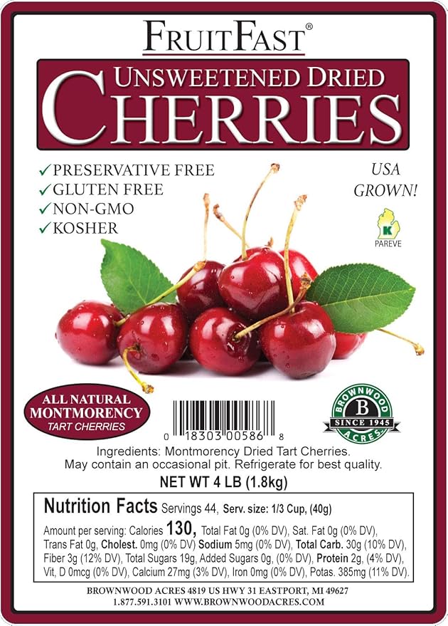 Unsweetened Dried Cherries by Brownwood Acres - Non-GMO Gluten Free Kosher Certified All Natural Healthy Snack Alternative - No Added Sugars Oils or fillers - Just Michigan Cherries! (4 Pound)