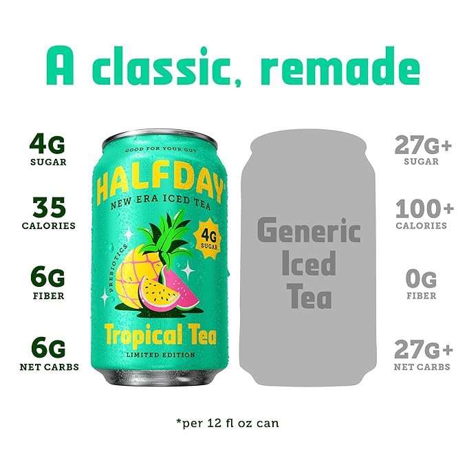 HALFDAY Prebiotic Iced Tea Tropical Tea Supports Digestive &amp Gut Health Plant Fiber &amp Prebiotics Low Sugar 30 Calories Natural Caffeine Gluten Free 12 fl oz (12 pack) Packaging May Var
