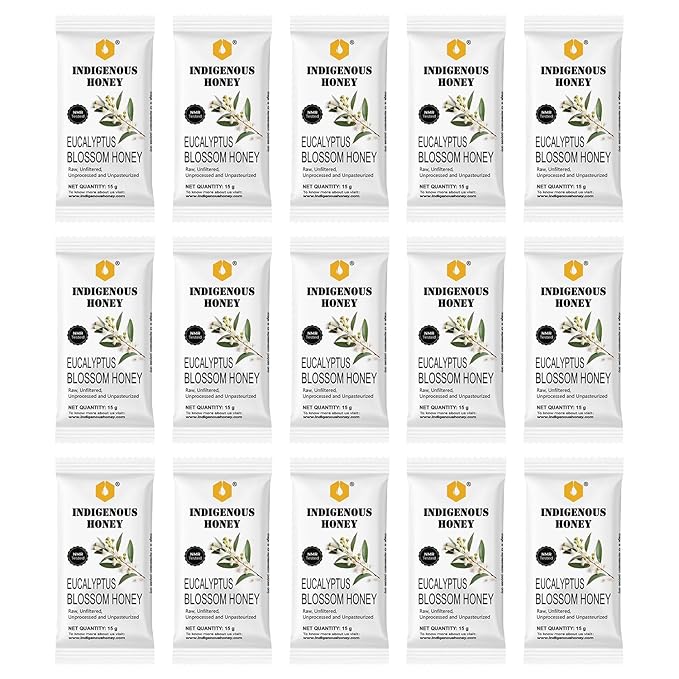 INDIGENOUS HONEY Organic Eucalyptus Honey Natural Raw Pure Unprocessed Added Sugar Free NMR Tested Unpasteurized Unheated 15 Travel Sachets 15g Each Total 225g