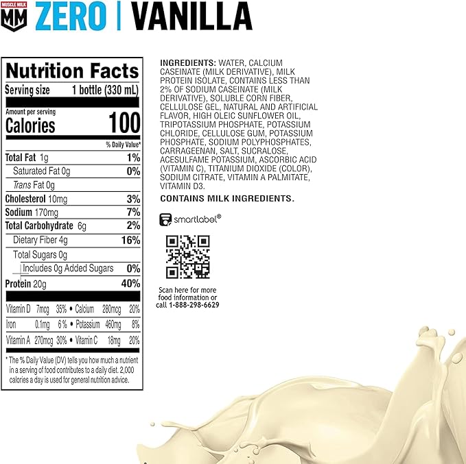 Muscle Milk Zero Protein Shake Vanilla Crème 20g Protein Zero Sugar 100 Calories (Pack of 12) &amp Genuine Protein Shake Vanilla Creme 11.16 Fl Oz Bottle 12 Pack 25g Protein