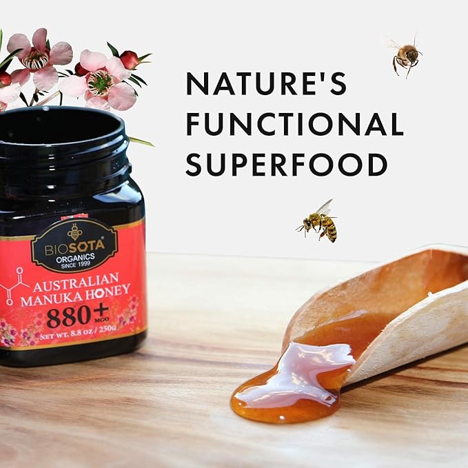 BIOSOTA Organic Manuka Honey MGO 800+ - Medical Grade Manuka Honey from Australia 100% Raw Unheated Pure Honey 8.8oz (800+) (MGO 800+)