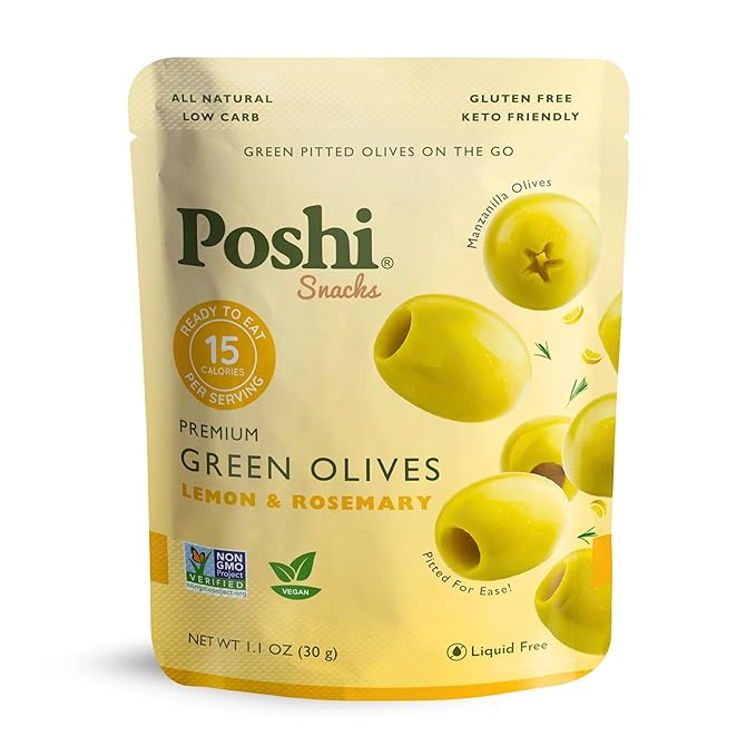POSHI Green Pitted Olives - Lemon &amp Rosemary | Vegan Kosher Gluten Free + Keto Friendly Fresh All Natural Low Calorie Healthy Snacks | (30 Pack 1.1oz Bags)