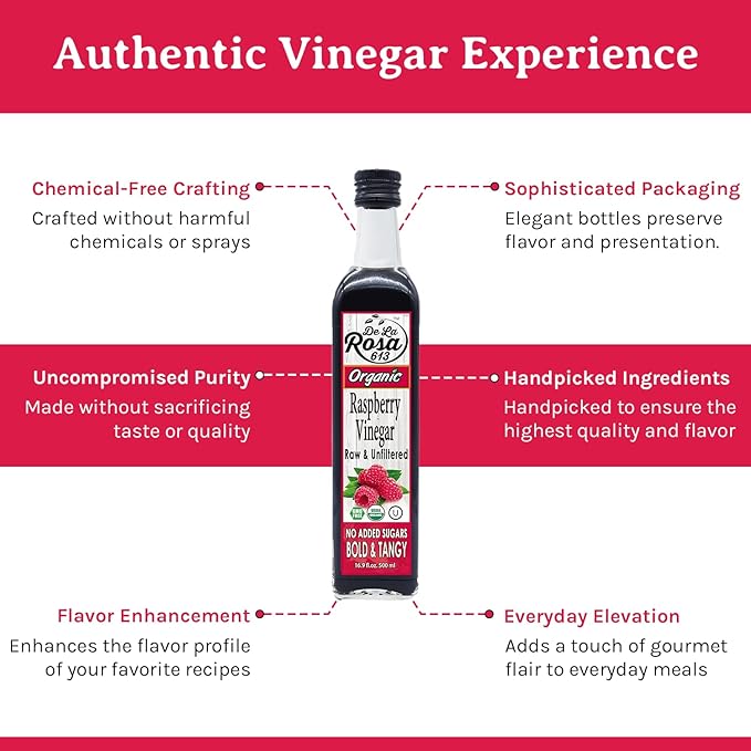 De La Rosa Raspberry Vinegar Organic Raw &amp Unfiltered Pure Vinegar Vegan Gluten Free &amp Kosher Raspberry Vinaigrette Salad Dressing &amp Marinade 16.9 Oz (Pack of 2)