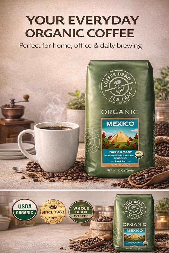 Organic Mexican Coffee Beans - Dark Roast Whole Bean Arabica - 32oz Premium Single Origin - Smoky Aroma &amp Dark Chocolate Notes - Gourmet Coffee