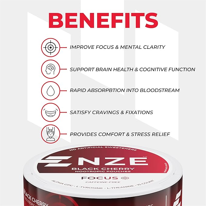 NZE Caffeine Free Nootropic Pouches (Black Cherry) - Nootropic Pouches with Alpha GPC L-Tyrosine &amp L-Theanine - No Sugar or Artificial Sweeteners - 15 Pouches Per Can - 5 Pack