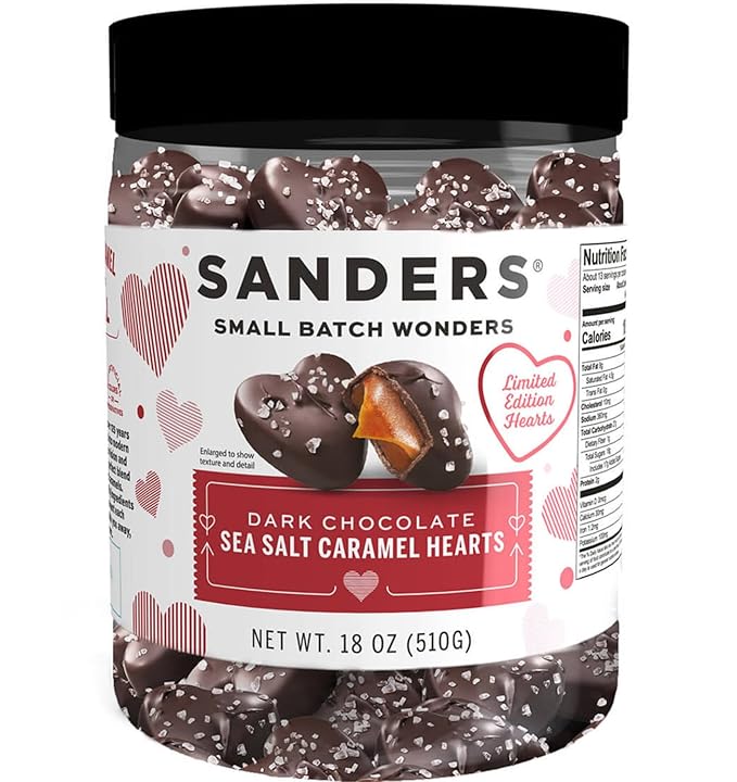 Sanders Dark Chocolate Sea Salt Caramel Hearts 18 oz. Tub