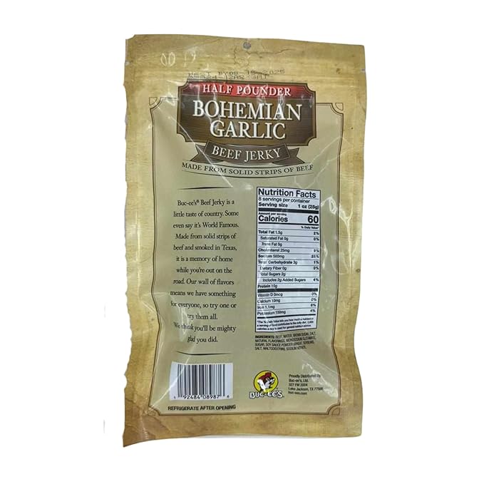 Buc-ee's Bohemian Garlic Beef Jerky - 8 oz | Premium Handcrafted Snack | Savory Garlic-Infused Flavor | Made in Texas - 1 bag