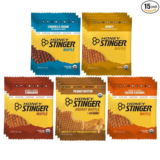 Honey Stinger Energy Waffle Variety Pack – 15 Count (3 Each: Honey Peanut Butter Cinnamon Salted Caramel Cookies &amp Cream) – Organic Honey Energy Snack for Sports Fitness Outdoor Activities &