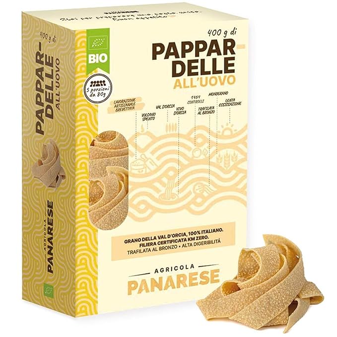 Panarese Premium Organic Tuscan Pappardelle all’uovo Bronze Cut Pasta from Italy - Gourmet Egg Pappardelle - Authentic Italian Pasta (14.1 oz - 400 g)