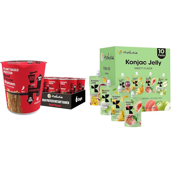 Hethstia High Protein Ramen Cup &amp Konjac Jelly Bundle – Spicy Beef Protein Ramen with Drinkable Konjac Jelly Low Carb Vegan Healthy Meal &amp Snack Combo
