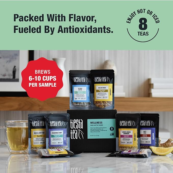 Tiesta Tea - Wellness Tea Sampler Dry Flight Set Loose Leaf High to No Caffeine Makes Hot &amp Iced Assorted Brew Sets with Herbal Chai Fruit Drinks &amp More 8 Resealable Sample Pouches