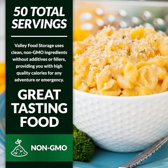 Valley Food Storage Mac and Cheese | 10-Bag Bucket 50 Servings | Non-GMO Premium Emergency Food Supply 25 Year Shelf Life | Survival Meal Kits Prepper Food Camping &amp Off-Grid Living Supplies