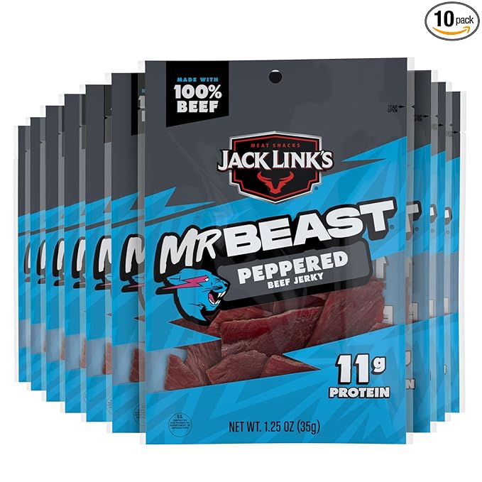 Jack Link’s x MrBeast Beef Jerky Peppered Beef Jerky As Seen on Beast Games 11g Protein Made with 100% Real Beef Pantry-Ready Snacks 10 Count