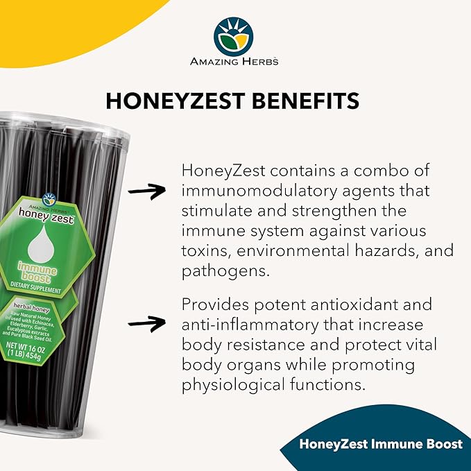 Amazing Herbs Raw Natural Honey - Herbal Honey Infused with Echinacea Elderberry Garlic Eucalyptus Extracts &amp Pure Black Seed Oil Non GMO Gluten Free - Honeyzest Immune Boost Straws 100 Coun