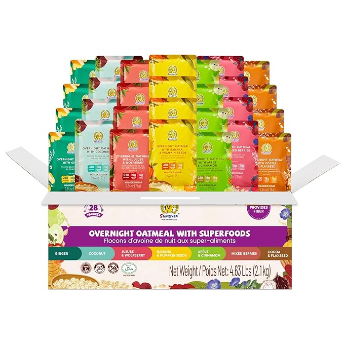 SUNGIVEN High Protein Overnight Oats Family Size Variety Pack - 7 Flavors Low Sugar Keto Instant Health Breakfast Oatmeals with Cinnamon Berries Ginger Pumpkin Seed Goji 28-Packs 74.1oz