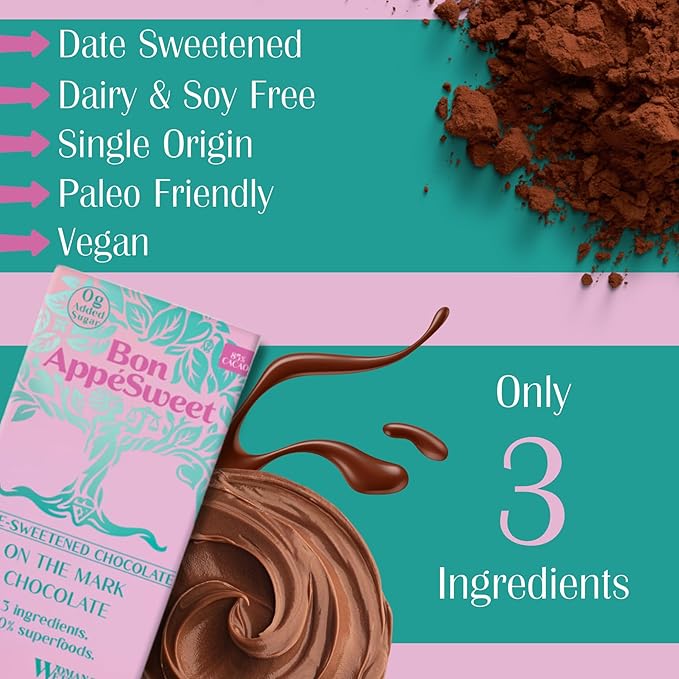 Bon Appesweet Date Sweetened Chocolate Bar - Healthy Dark Chocolate | On The Mark Chocolate | 2.2 Ounce (Pack of 3) | Organic Zero Added Sugar 85% Cacao Plant Based Dairy Free and Guilt Free!