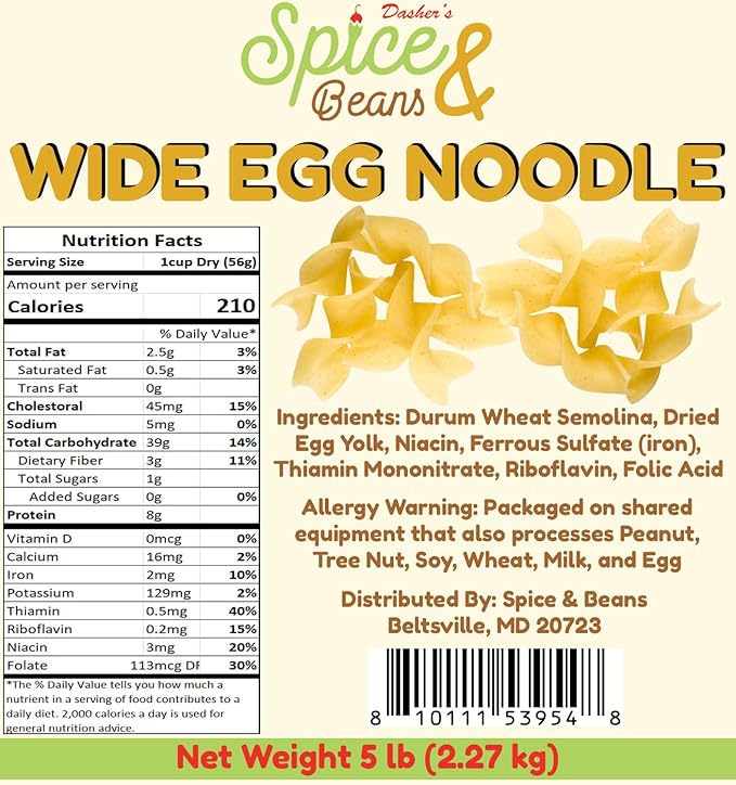 Wide Egg Noodle Pasta | 100% Durum Semolina Flour | Made in America | by Dasher's Spice &amp Beans | 5 lb.
