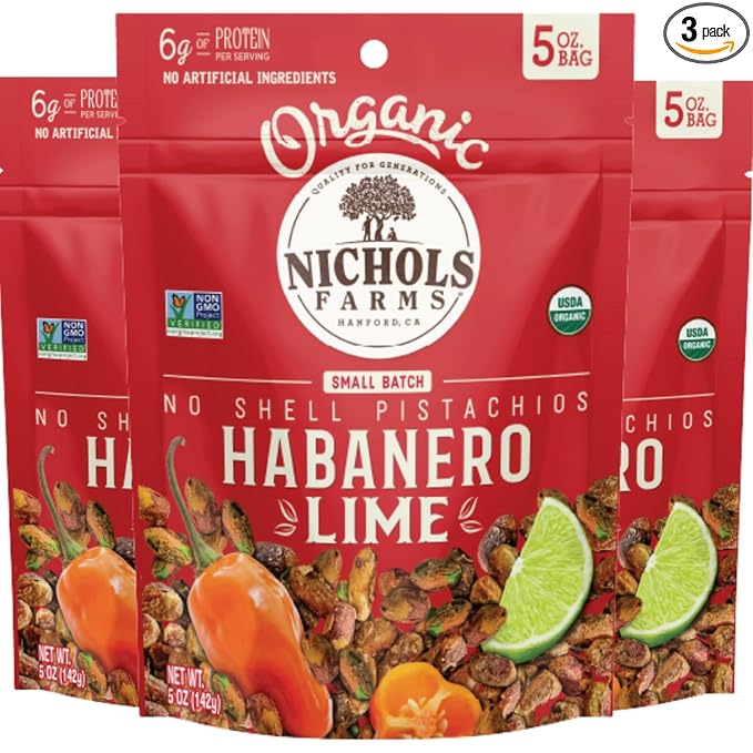 Nichols Farms Roasted with Sea Salt No Shell Pistachios Kosher USDA Certified Organic Non-GMO 6 Oz (Pack of 3)