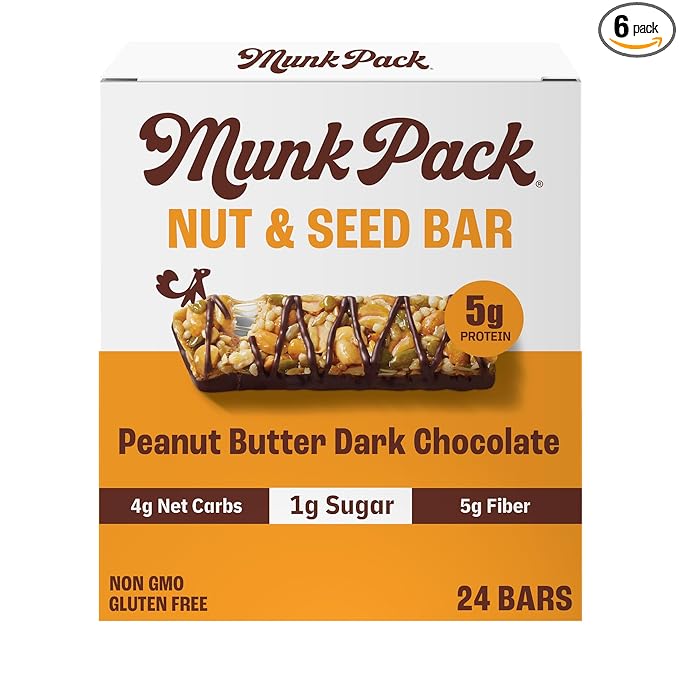 Munk Pack Nut &amp Seed Bars Peanut Butter Dark Chocolate Prebiotic &amp Probiotic GLP-1 Snack Gut Friendly 5g Fiber 5g Plant Protein Gluten Free Keto No Sugar Alcohols 3g Net Carb 24 Coun