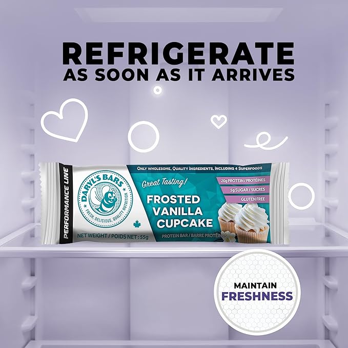 Daryl's Bars Frosted Vanilla Cupcake On the Go Whey Protein Bars Gluten Free 20gr of Protein Snack Meal Replacement Pack of 1