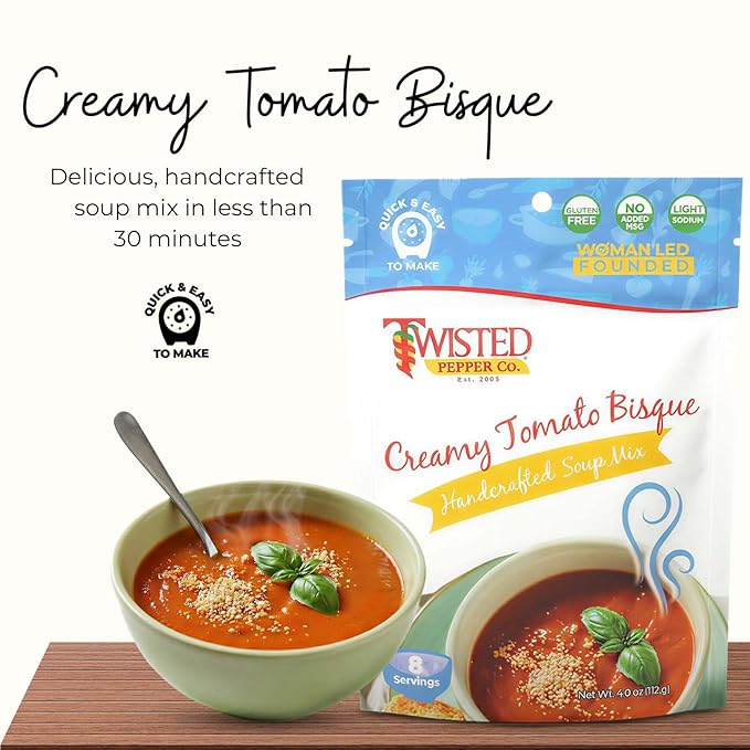 Twisted Pepper Co. Creamy Tomato Bisque Soup Mix: Gluten-Free – Handcrafted Soup – Thick Creamy &amp Zesty Tomato Flavor Quick &amp Easy Meal Ready in 30 Minutes Serves 8 Add Pasta Seafood &am