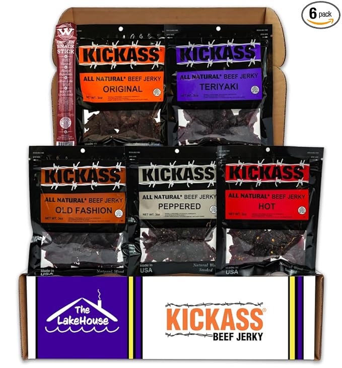 Kickass Beef Jerky Gift Baskets for Men - 5 Flavors in the Premium Beef Jerky Care Package - Father's Day Gifts for Men - Snack Packs - Gluten Free Keto Friendly - 1 Bonus - (5 Pack)