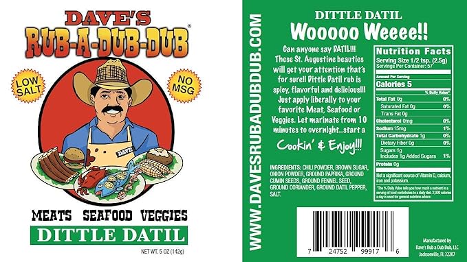 Dave's Rub a Dub Dub Dittle Datil Seasoning Dry Rub BBQ Low Sodium Spice Blend for Meats Seafood Veggies 5 OZ Shaker Bottle 6 Pack