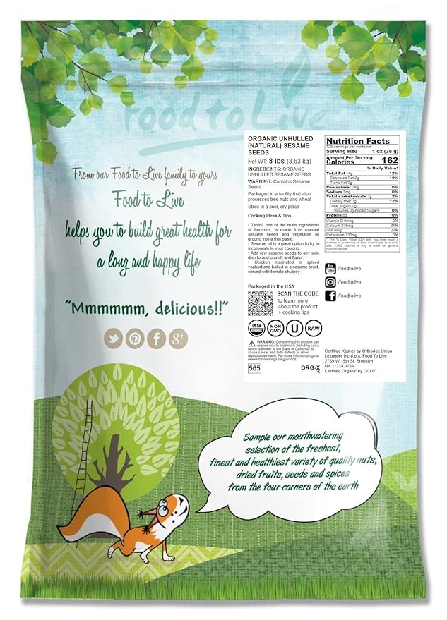 Food to Live Organic Unhulled Sesame Seeds 8 Pounds — Non-GMO Whole Natural Raw White Sesame Seeds Kosher Vegan Bulk Rich in Dietary Fiber Protein &amp Iron. Crunchy Texture. Great for Baking